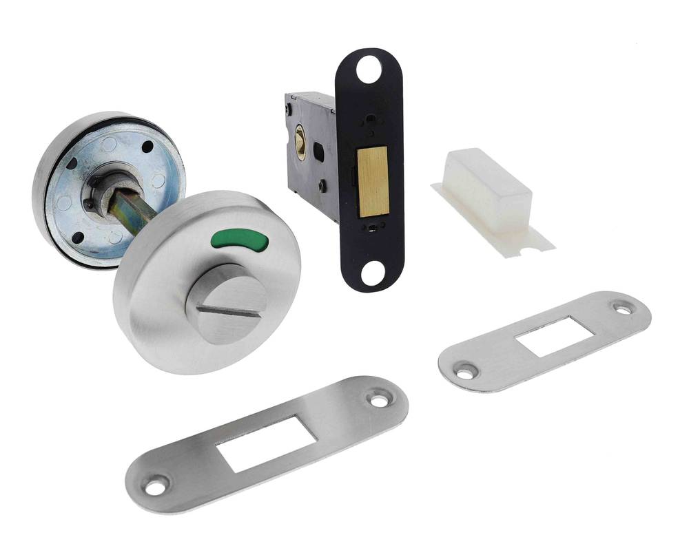 Lenlok M400MI Morticed Mounted Indicator Bolt with 57mm backset, satin chrome finish, emergency slot, and installation components.