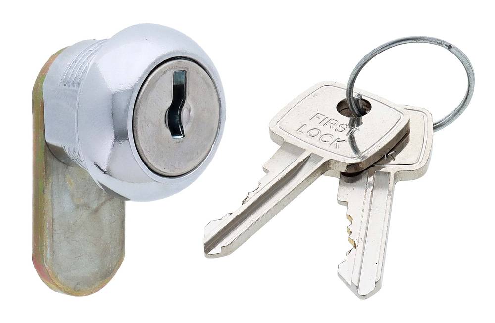 Lenlok Cam Lock with chrome finish, featuring a flat keyhole design and two matching keys on a keyring. Ideal for securing furniture and cabinets.