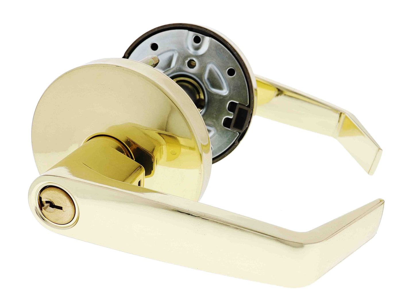 Carbine Doncaster 7000 Cylindrical Entrance set with standard lever and 70mm backset in polished brass finish. Durable commercial leverset with C4 keyed to differ mechanism.