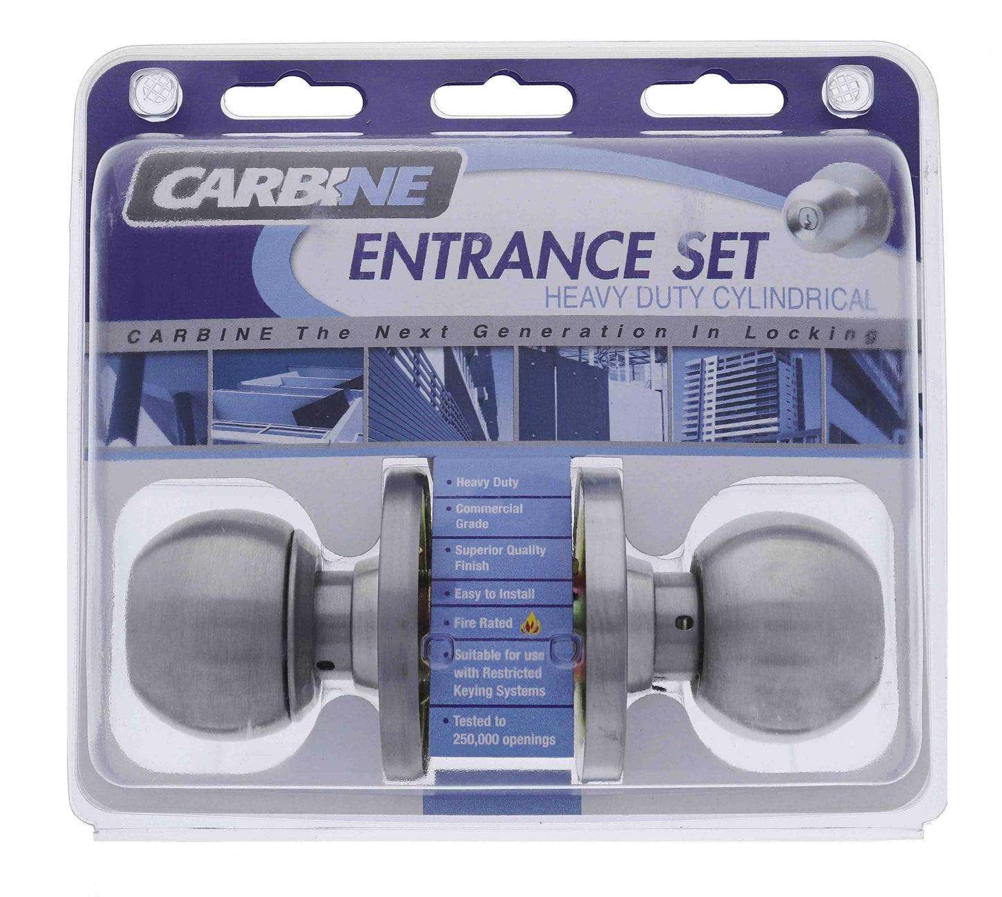 Carbine Epsom 3000 Cylindrical Entrance set, 70mm backset, C4 Keyed to Differ, Display Pack, Satin Stainless Steel