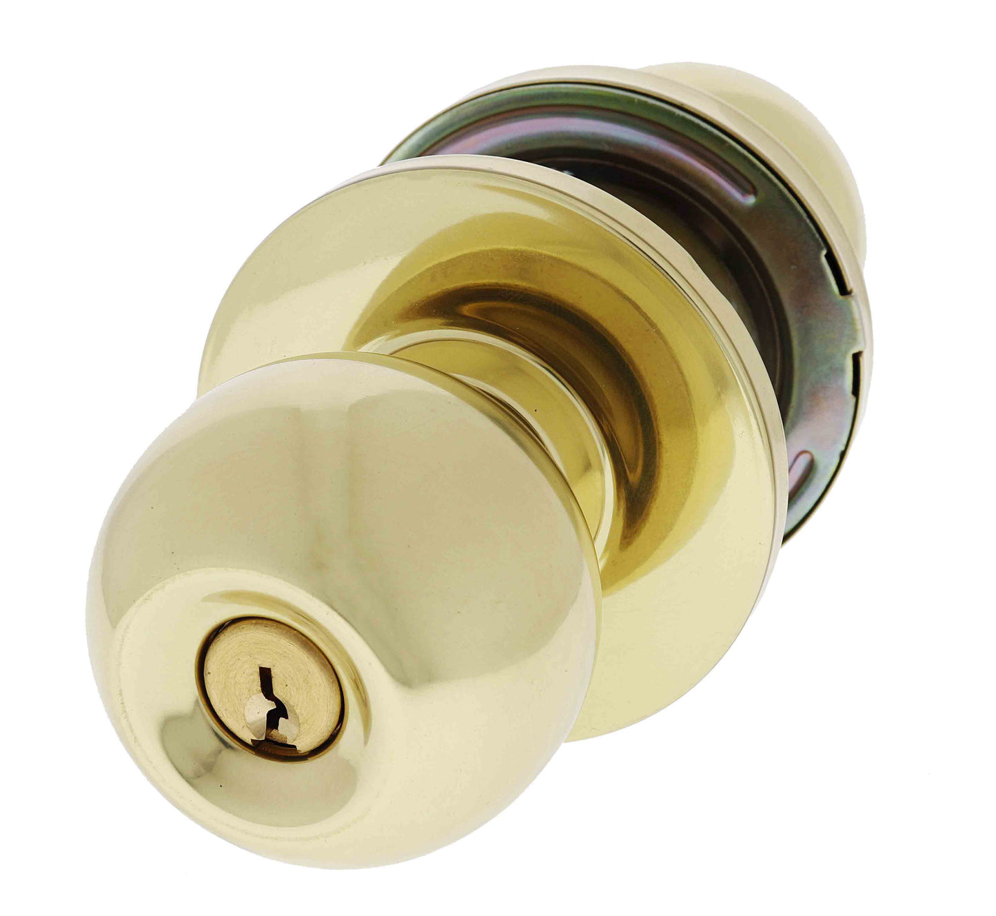 Carbine Epsom 3000 Cylindrical Classroom set with 70mm backset, polished brass finish. Commercial knobset with C4 keyed to differ mechanism.