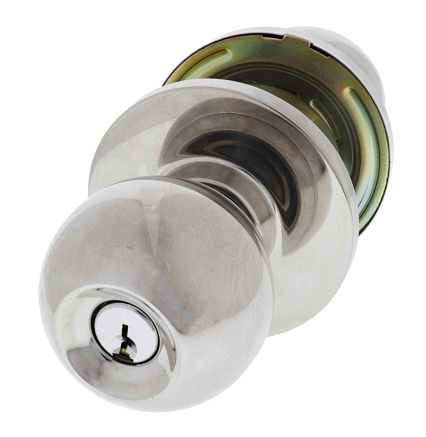 Carbine Epsom 3000 Cylindrical Entrance set with 60mm backset, polished stainless steel finish. Commercial knobset with C4 keyed lock for security.