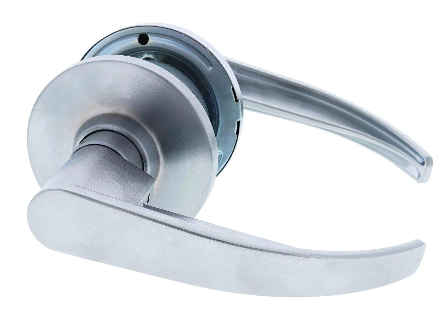 Carbine Newmarket 6000 Cylindrical Passage set with disability lever in brushed satin chrome finish. Commercial leverset with 70mm backset for accessibility.
