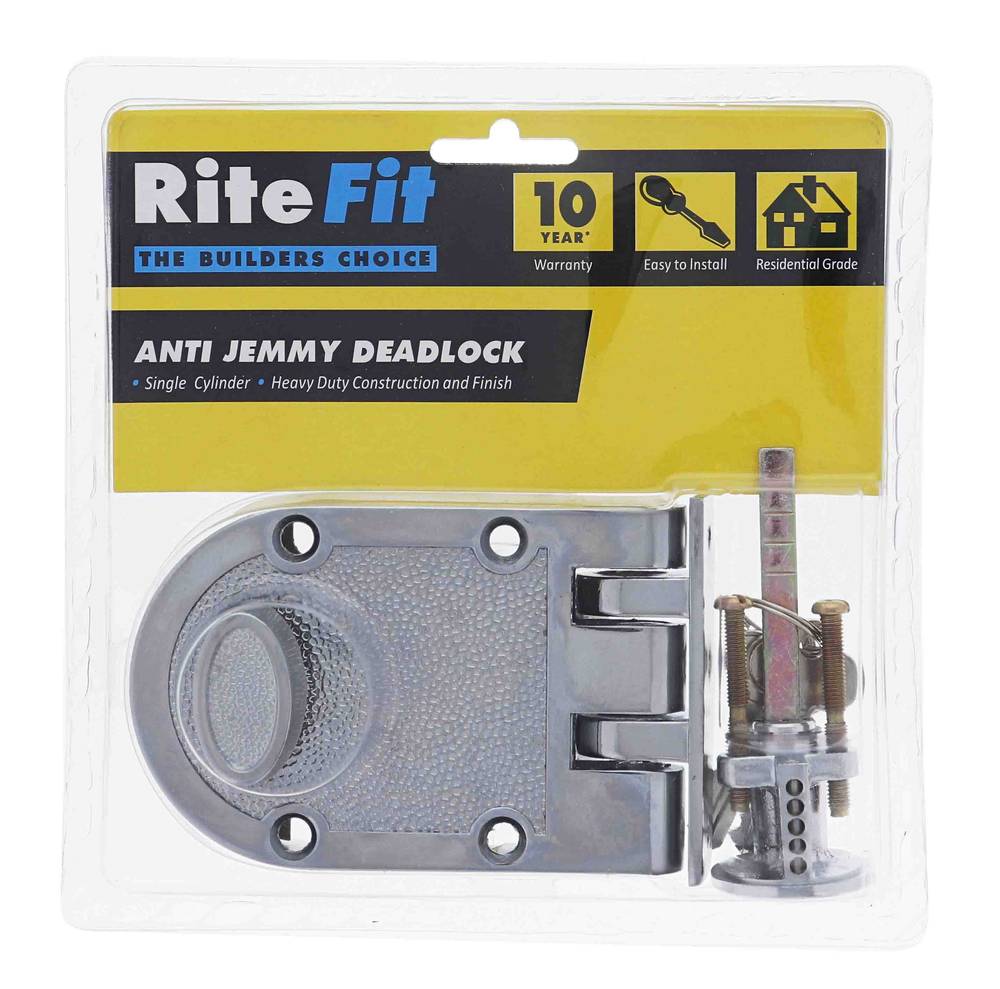 Lenlok Rjp-1 Single Cylinder and Turn Anti-Jemmy Deadlock with 60mm backset, C4 Keyed to Differ, in a chrome-plated display pack. Heavy-duty residential-grade security lock with a 10-year warranty.