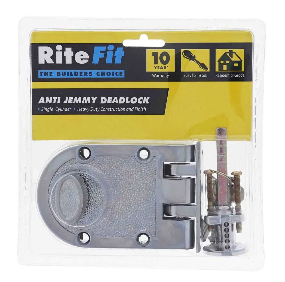 Lenlok Rjp-1 Single Cylinder and Turn Anti-Jemmy Deadlock with 60mm backset, C4 Keyed to Differ, in a chrome-plated display pack. Heavy-duty residential-grade security lock with a 10-year warranty.