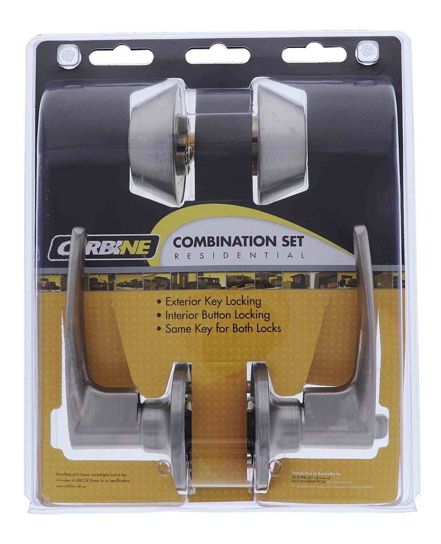 Carbine Kingston SL7000 Tiebolt Combination Deadbolt and Entrance Set in stainless steel. Features exterior key locking and interior button locking.