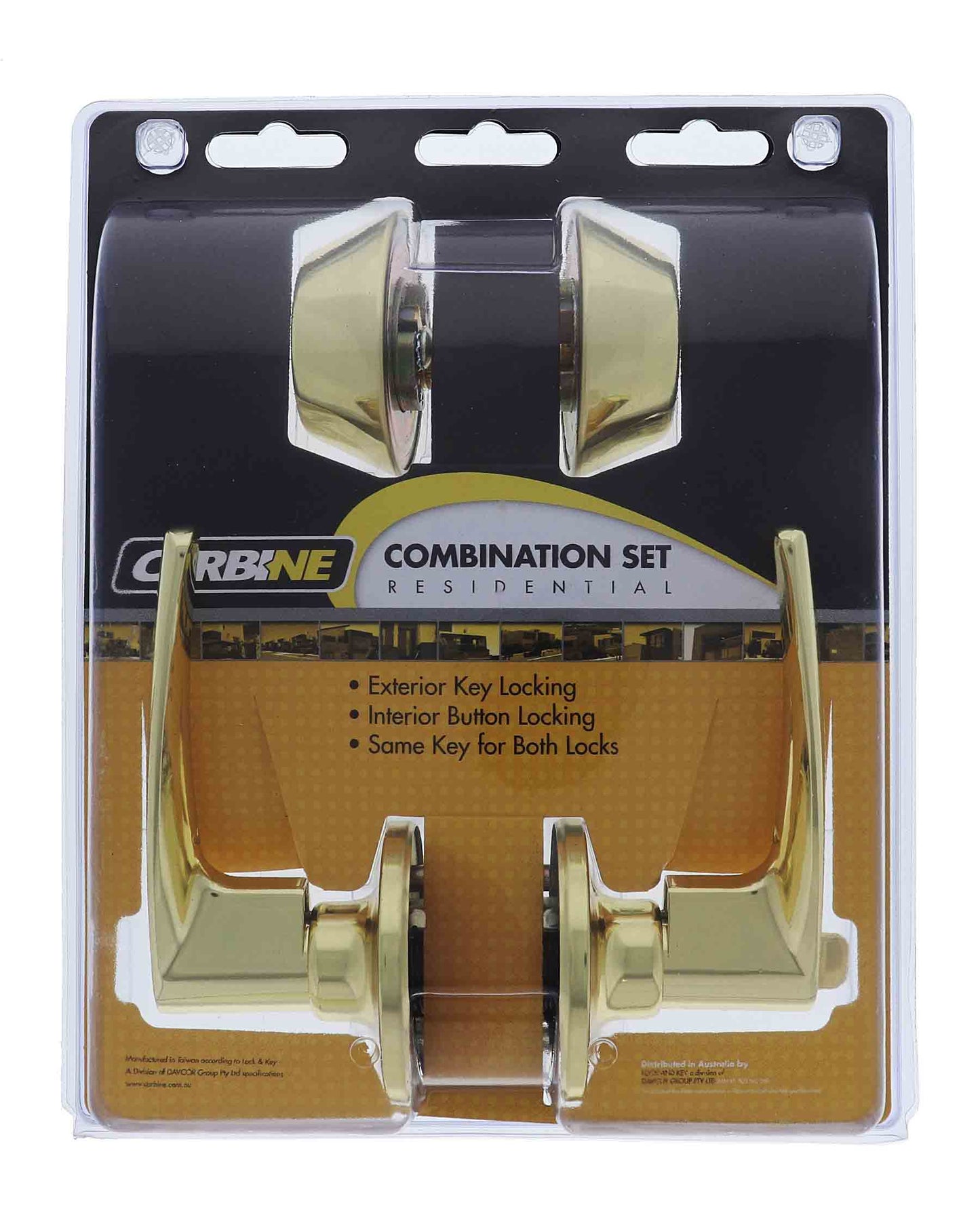 Carbine Kingston SL7000 Tiebolt Combination Deadbolt and Entrance Set in polished brass finish. Features exterior key locking and interior button locking, C4 keyed alike, in a display pack.