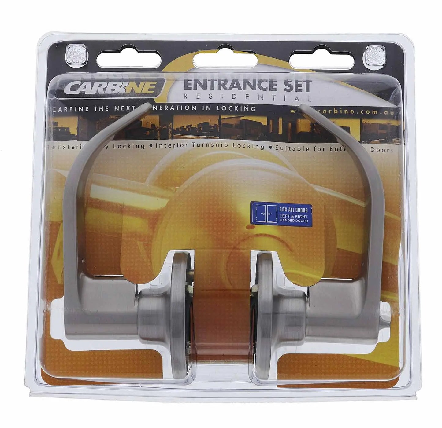 Carbine Empire SL8000 Tiebolt Standard Entrance Lever set in a display pack. Stainless steel residential leverset with C4 keyed locking mechanism.
