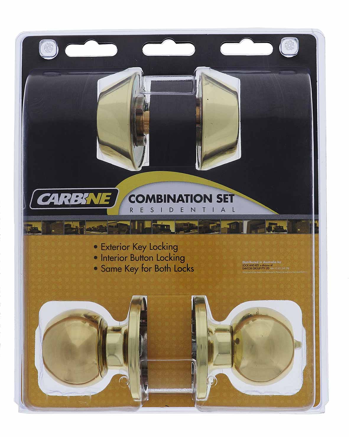Carbine Aintree SS9000 Tiebolt LB2 Combination Deadbolt and entrance set in polished brass finish. Includes exterior key locking and interior button locking.