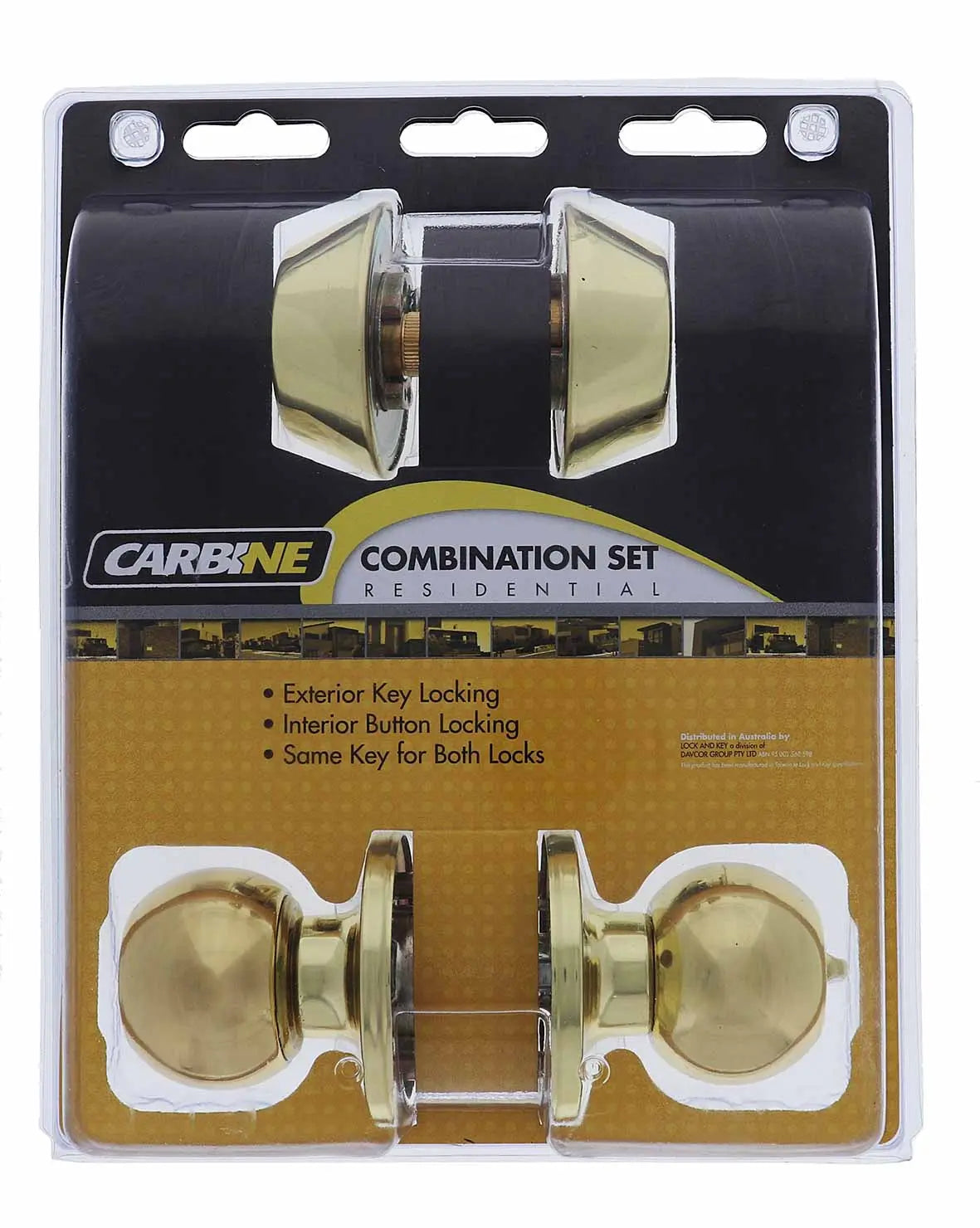 Carbine Aintree SS9000 Tiebolt LB2 Combination Deadbolt and entrance set in polished brass finish. Includes exterior key locking and interior button locking.