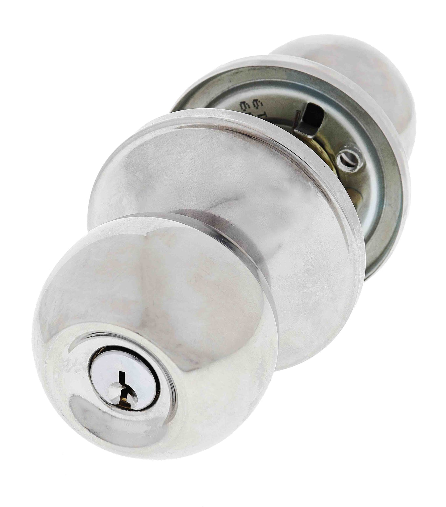 Carbine Aintree SS9000 Tiebolt Entrance set with push button, chrome-plated finish. Secure residential knobset with C4 keyed lock, boxed packaging.