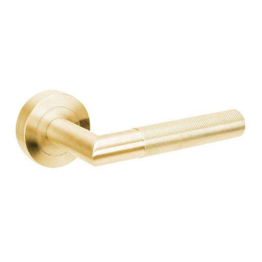 Vertex Dummy Set satin brass door handle with 54mm screw-on rose and concealed fixing. Durable, sleek design with a micronized finish.