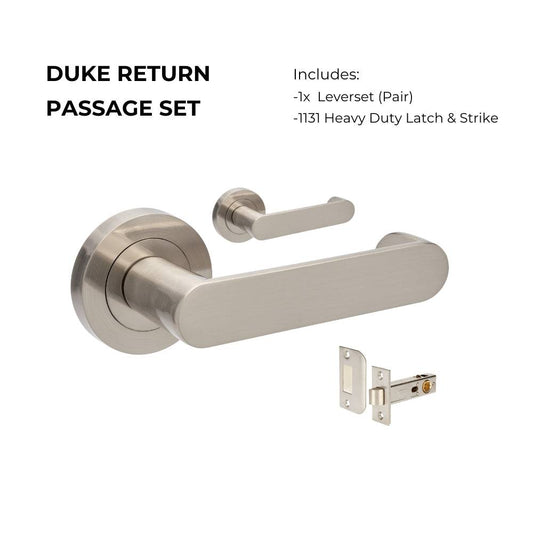 Duke Return Passage Set featuring a sleek lever handle design in brushed nickel finish, includes a pair of levers and heavy-duty latch and strike.