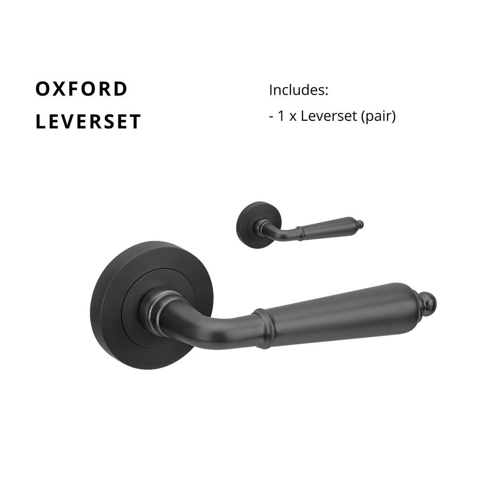 Oxford Lever Set blk featuring a sleek black finish, includes a pair of lever handles for doors. Ideal for modern door hardware needs.