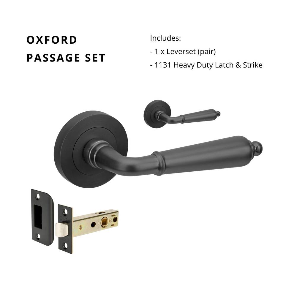 Oxford Passage Set with 1131 heavy-duty latch and strike, featuring a black lever set pair for door hardware applications.