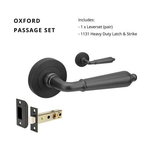 Oxford Passage Set with 1131 heavy-duty latch and strike, featuring a black lever set pair for door hardware applications.