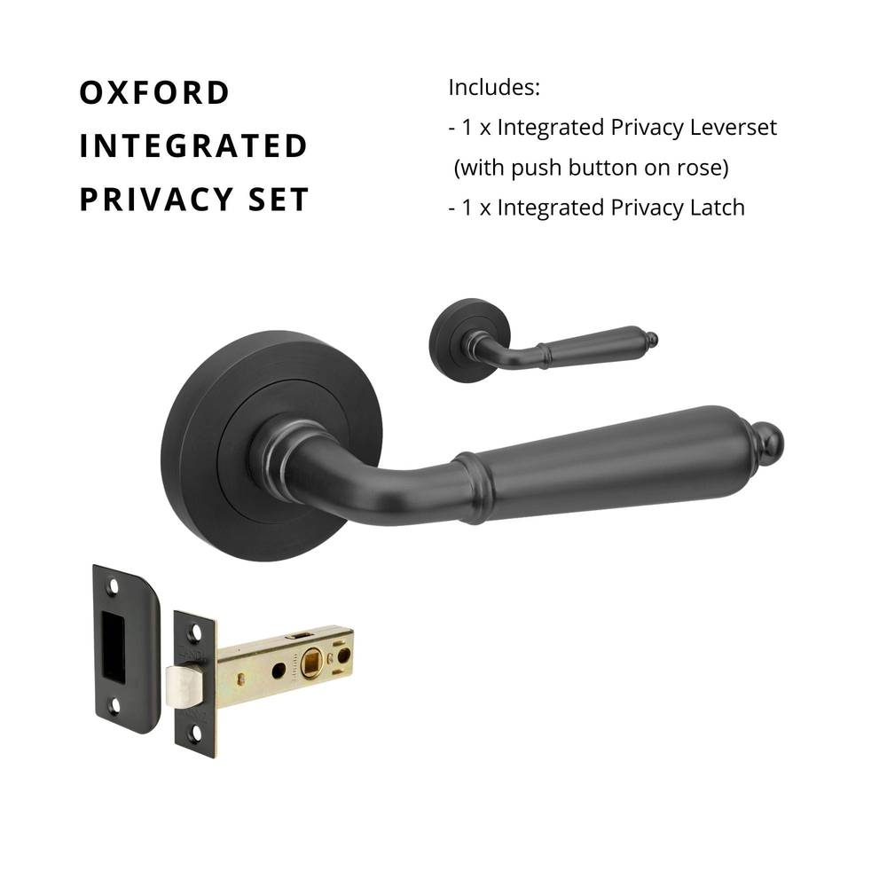 Oxford Privacy Set with integrated privacy latch, featuring a sleek black lever handle and matching latch components for doors.