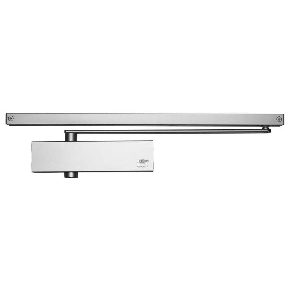 7726 SERIES SIZE 2-6 SLIDE RAIL DOOR CLOSER with backcheck and delayed action, featuring a sleek silver finish for modern door hardware.