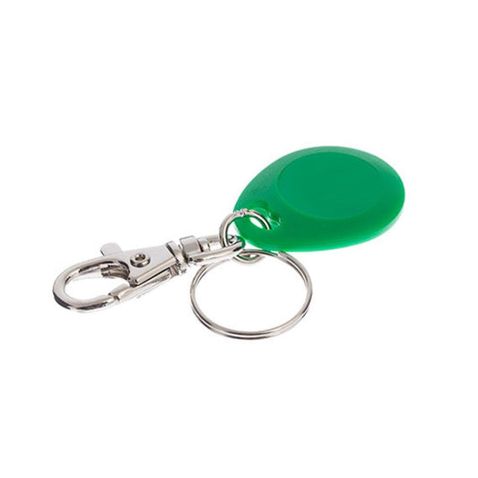Green Neptune Fob Keychain MIFARE - Tumbler with metal clip and ring. Programmable, waterproof access control key fob for secure entry systems.