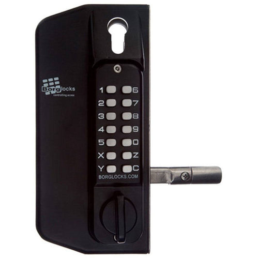 Borg Mechanical Digital Gate Lock-BL3175GATEK with black finish, keypad entry, and latch mechanism for secure outdoor gate locking.