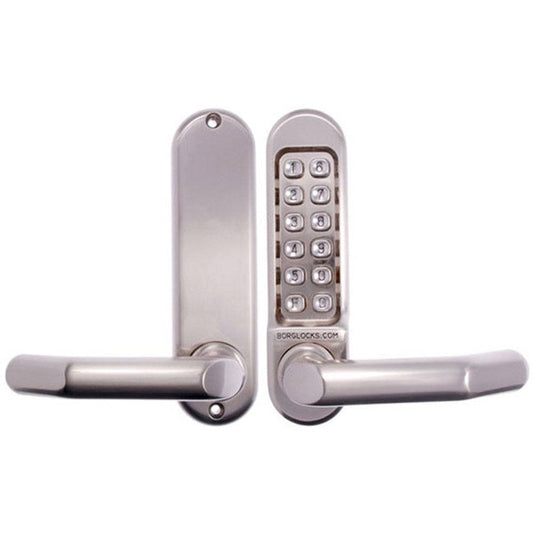 BL5000 series lock Borg Mechanical Digital Door Lock with Lever and 8mm Spindles featuring a sleek stainless steel finish and keypad entry system.