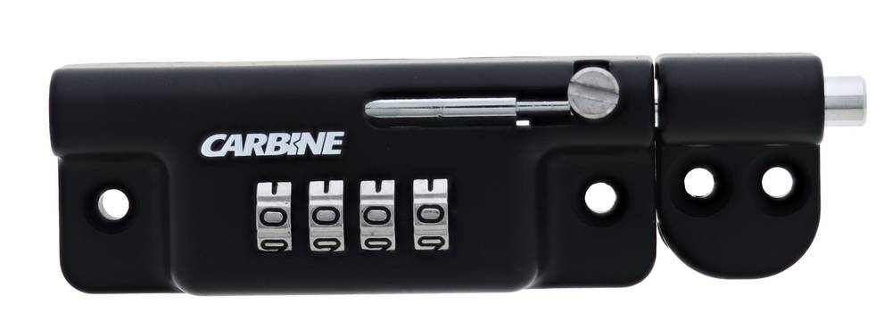 Barrel Bolt Carbine - 4 Dial Combo in black finish for window and patio locks. Features a secure 4-digit combination lock with durable metal body.