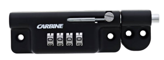 Barrel Bolt Carbine - 4 Dial Combo in black finish for window and patio locks. Features a secure 4-digit combination lock with durable metal body.