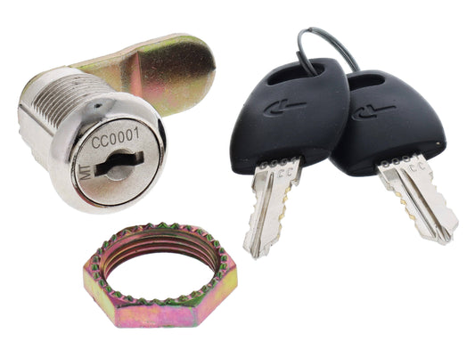 CC-BX-607-20-217 CL CAMLOCK 20MM C217 STEP AWAY KA 0001 with two keys and mounting nut, ideal for secure furniture locking systems.