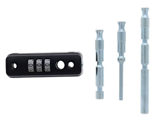 Carbine Window Multi Bolt Combo in black with 3 dial combination lock and three interchangeable bolt sizes for secure window or patio locking.