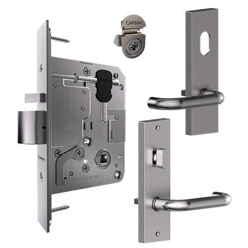 Mortice Lock - SS Lever and Turns Adaptor | Latching Backset with stainless steel body, external lever, cylinder hole, and internal turnsnib.