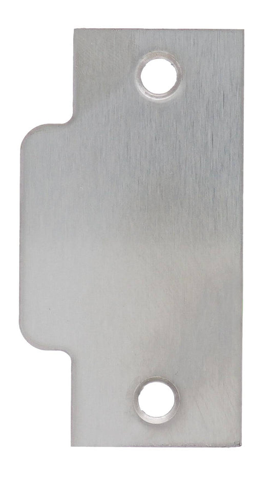 Carbine Panic Exit Strike filler plate in brushed metal finish with two screw holes, ideal for securing door frames in panic exit systems.