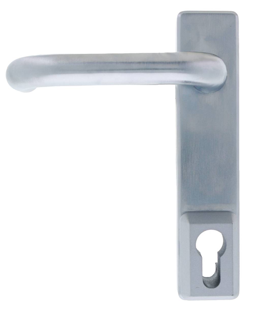 Carbine Panic Exit Lever in silver with classroom function, designed for half euro cylinder doors. Durable flush bolt for secure emergency exits.