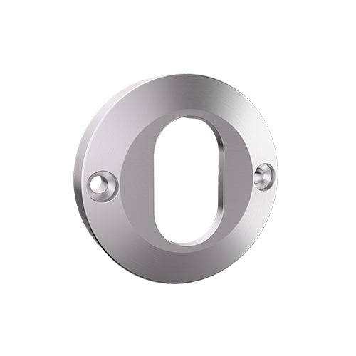 Carbine Crisi CRF136-EITF stainless steel escutcheon with round rose and oval keyhole, designed for internal through fixing on modern doors.