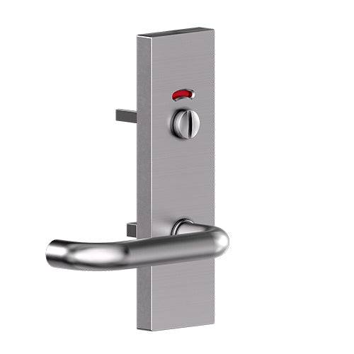 Carbine CSF18 Lever in stainless steel with emergency indicator and 7-lever mechanism, featuring an external rectangular plate for mortice lock furniture.