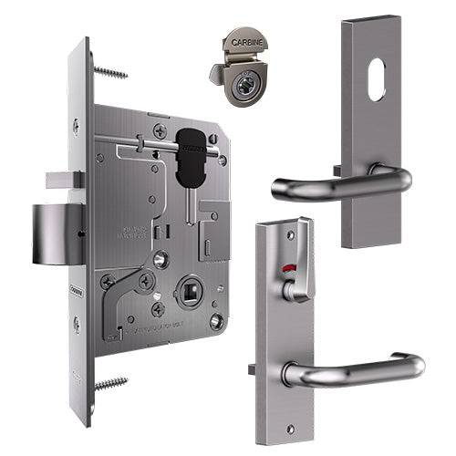 Mortice Lock - Standard SS Latching | 60MM, Lever/Turn set with stainless steel body, external lever cylinder hole, and disability turnsnib.