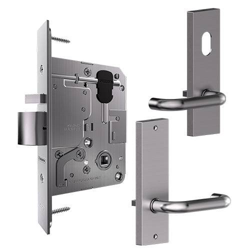 Mortice Lock - Standard Backset Body in stainless steel with 60MM backset, external lever cylinder hole, and internal plain lever handle.