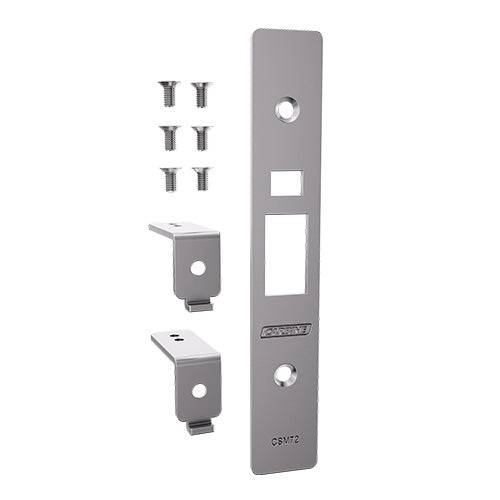 Carbine Mortice Lock Kit - Longreach CSM72 with standard backset plate, screws, and retrofit brackets for Selector SS metal hollow doors.