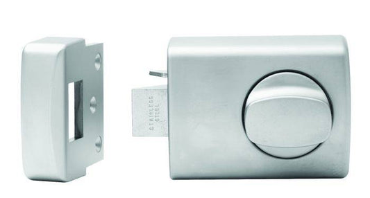 002 WITH KNOB TIMBER FRAME STRIKE TP deadlatch and nightlatch in stainless steel finish, featuring a knob and strike plate for timber frames.