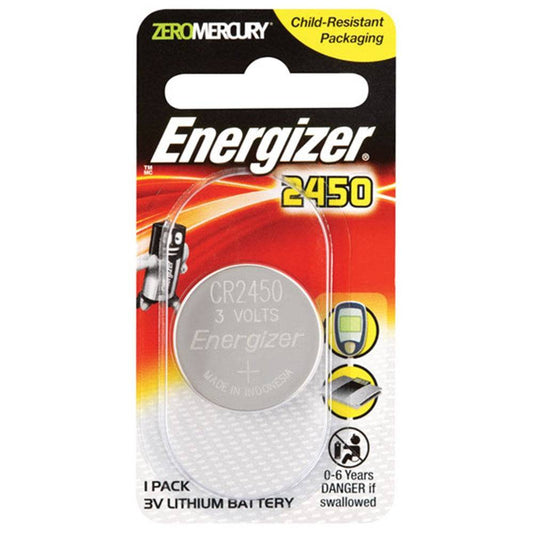 Energizer CR2450 Battery - Coin Cell Lithium 3V in child-resistant retail packaging. Ideal for electronics with long-lasting power and zero mercury.