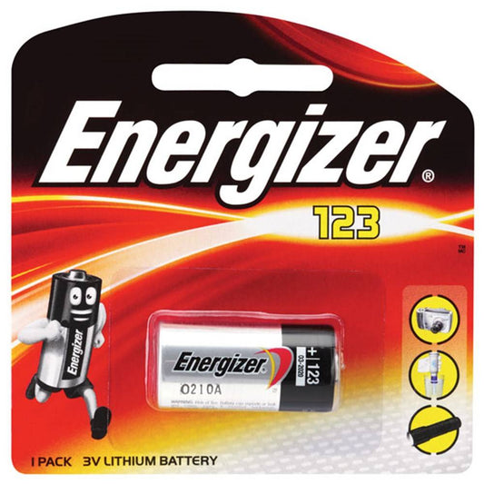Energizer CR123 3V lithium battery pack of 1 with long-lasting power, ideal for cameras and electronics. Features 5-year shelf life and leak resistance.