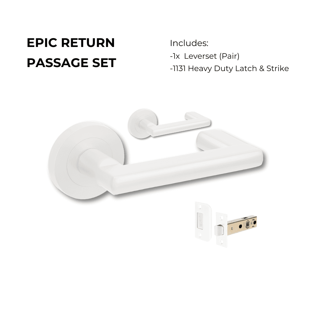 Epic Return Passage Set in white finish, featuring a pair of lever handles and 1131 heavy-duty latch and strike for residential doors.