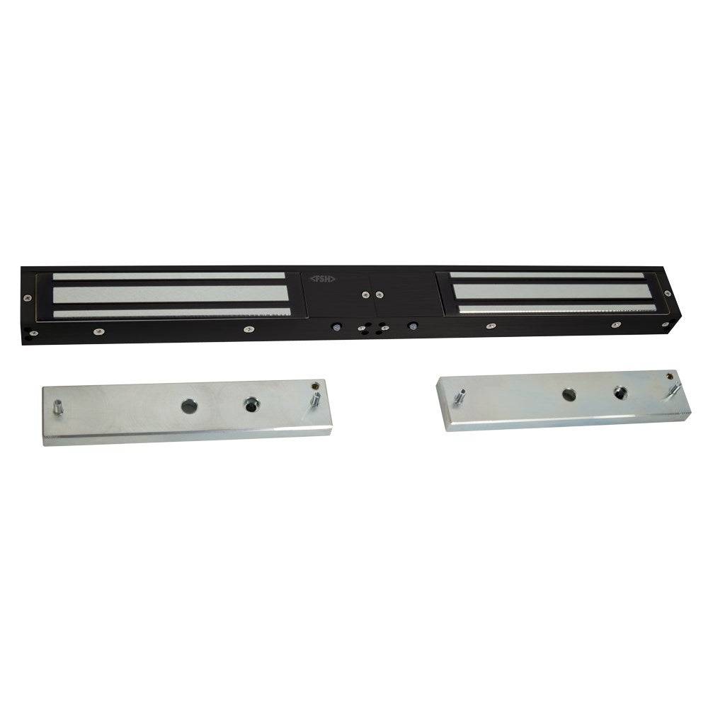 Black FSH FEM4300DM Double Maglock 280kg Fire Rated with mounting plates, 2-hour fire rated and fully monitored for electronic door security.
