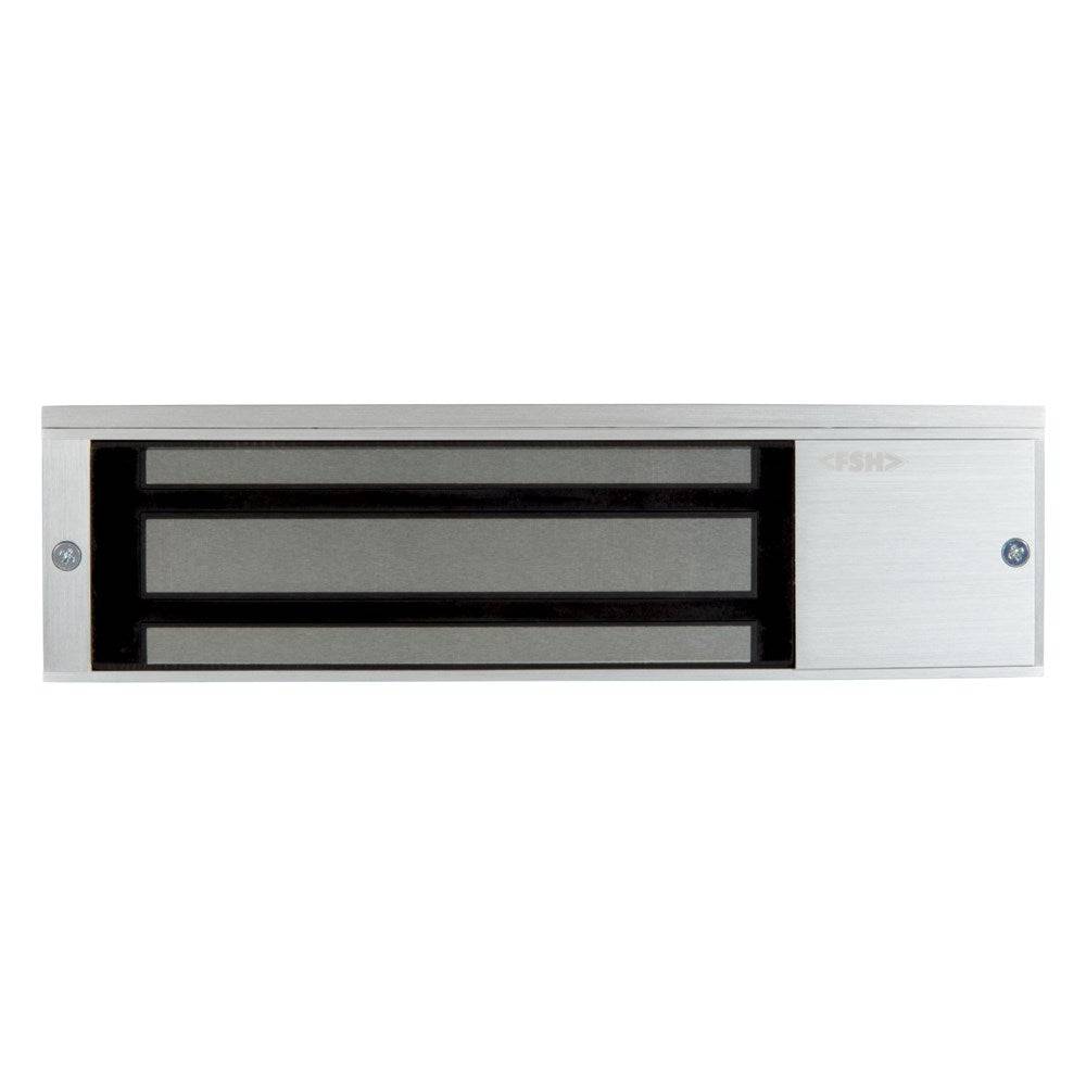 Front view of FSH FEM6600M 580kg Maglock - Monitored Fire Rated, showcasing dual voltage compatibility and 2-hour fire resistance for high-security use.