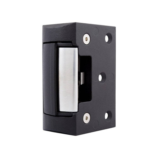 FSH FES15M Electric Strike - Door Latch with black rim mount housing and stainless steel faceplate. Fire rated and suitable for rim dead latches.