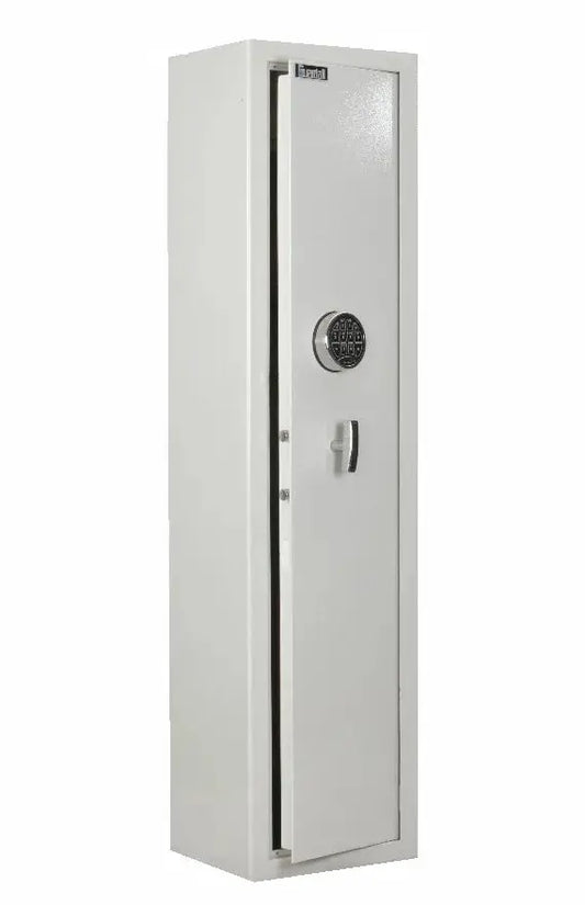 Guardall G3E 5 rifle cabinet with digital lock, tall white gun safe for secure rifle storage in home or office settings.