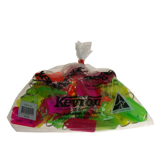 Kevron Clicktag ID38 Fluro mixed color key tags in a 50-pack bag. Ideal for organizing keys with bright, fluorescent ID clicktags.