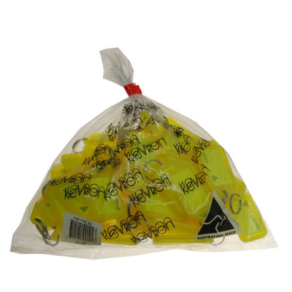 Kevron Clicktag ID38 Fluro yellow key tags in a 50-piece set. Bright yellow tags for quick and clear identification of keys or items.
