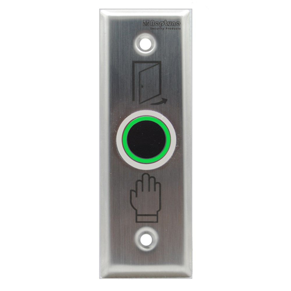Neptune Infrared Touchless Exit - IP65 Button with green LED indicator, IR sensor, and stainless steel mullion plate for access control systems.