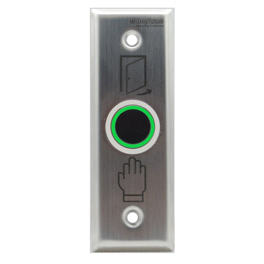 Neptune Infrared Touchless Exit - IP65 Button with green LED indicator, IR sensor, and stainless steel mullion plate for access control systems.