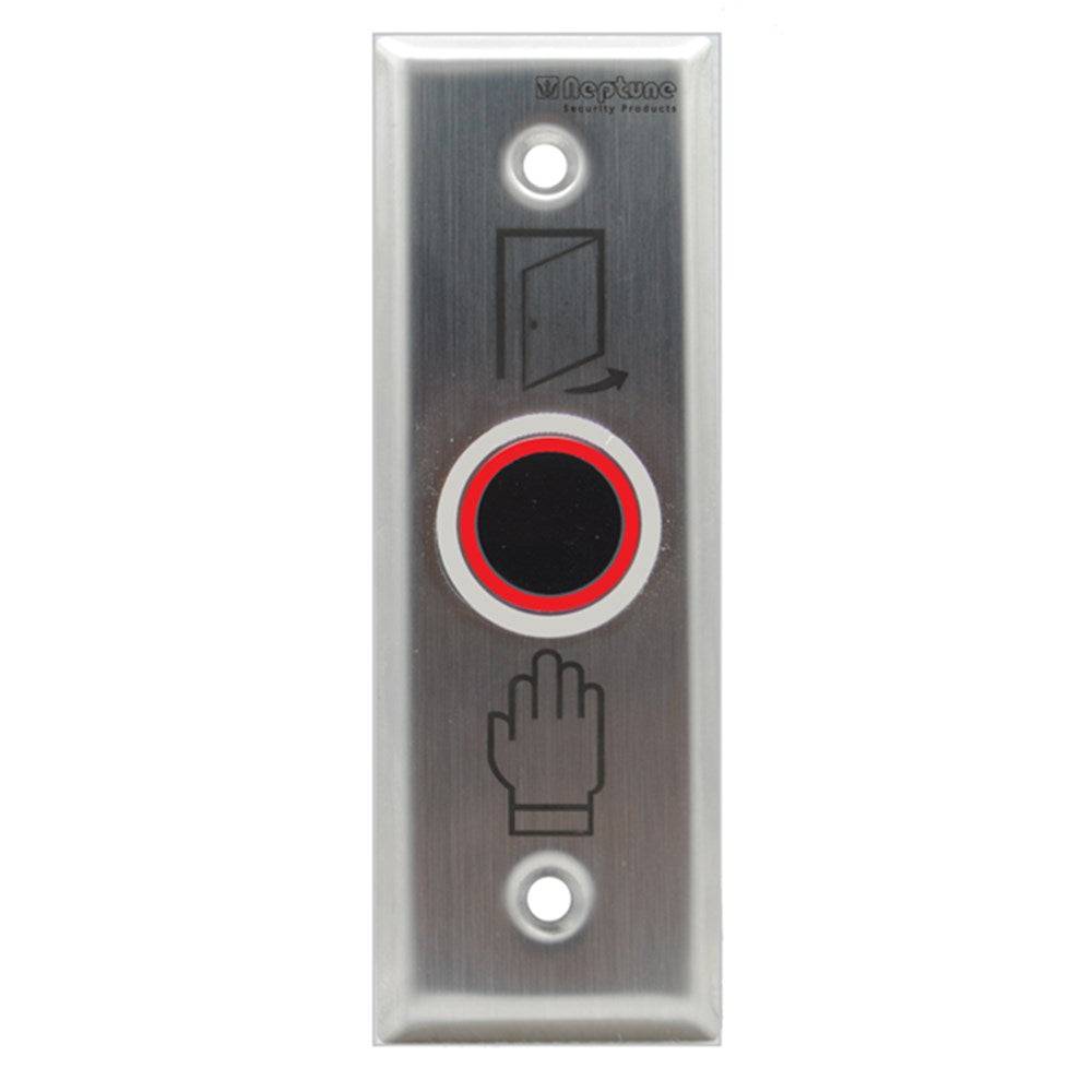 Neptune Infrared Touchless Exit - IP65 Button showing red LED status, featuring IR sensor and durable stainless steel design for door hardware use.